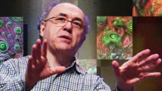 Stephen Wolfram around AI-generated art. | Illustration: Lex Villena