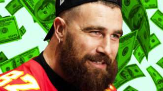 Kansas City Chiefs tight end Travis Kelce against a backdrop of cash. | Illustration: Lex Villena; Stan Szeto/Image of Sport/Newscom