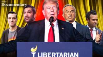 Trump, flanked by Dave Smith, RFK Jr., Vivek Ramaswamy, and Chase Oliver in front of a yellow curtain | Illustration: Lex Villena; Anthony Behar/Sipa USA/Newscom Michael Brochstein/ZUMAPRESS/Newscom Gage Skidmore Robin Rayne/ZUMAPRESS/Newscom