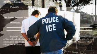 ICE leads away man wearing white polo with court documents in the background | Illustration Lex Villena; Wikimedia