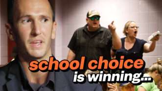 A photo of Corey DeAngelis next to a photo of parents at a school board meeting with the words "school choice is winning..." in orange and white | Jefferee Woo/ZUMA Press/Newscom