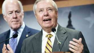 Sen. Lindsey Graham (R-S.C.) speaking at a press conference organized by Senate Republicans at the U.S. Capitol on September 27, 2023. | Michael Brochstein/ZUMA Press Wire